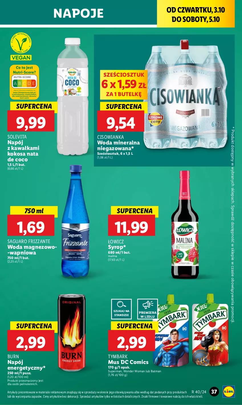 Gazetka promocyjna Lidl - GAZETKA - ważna 03.10 do 05.10.2024 - strona 43 - produkty: Cisowianka, Kawa, Kokos, Magnez, Mus, Napój, Napój energetyczny, Napoje, Syrop, Tymbark, Woda, Woda mineralna