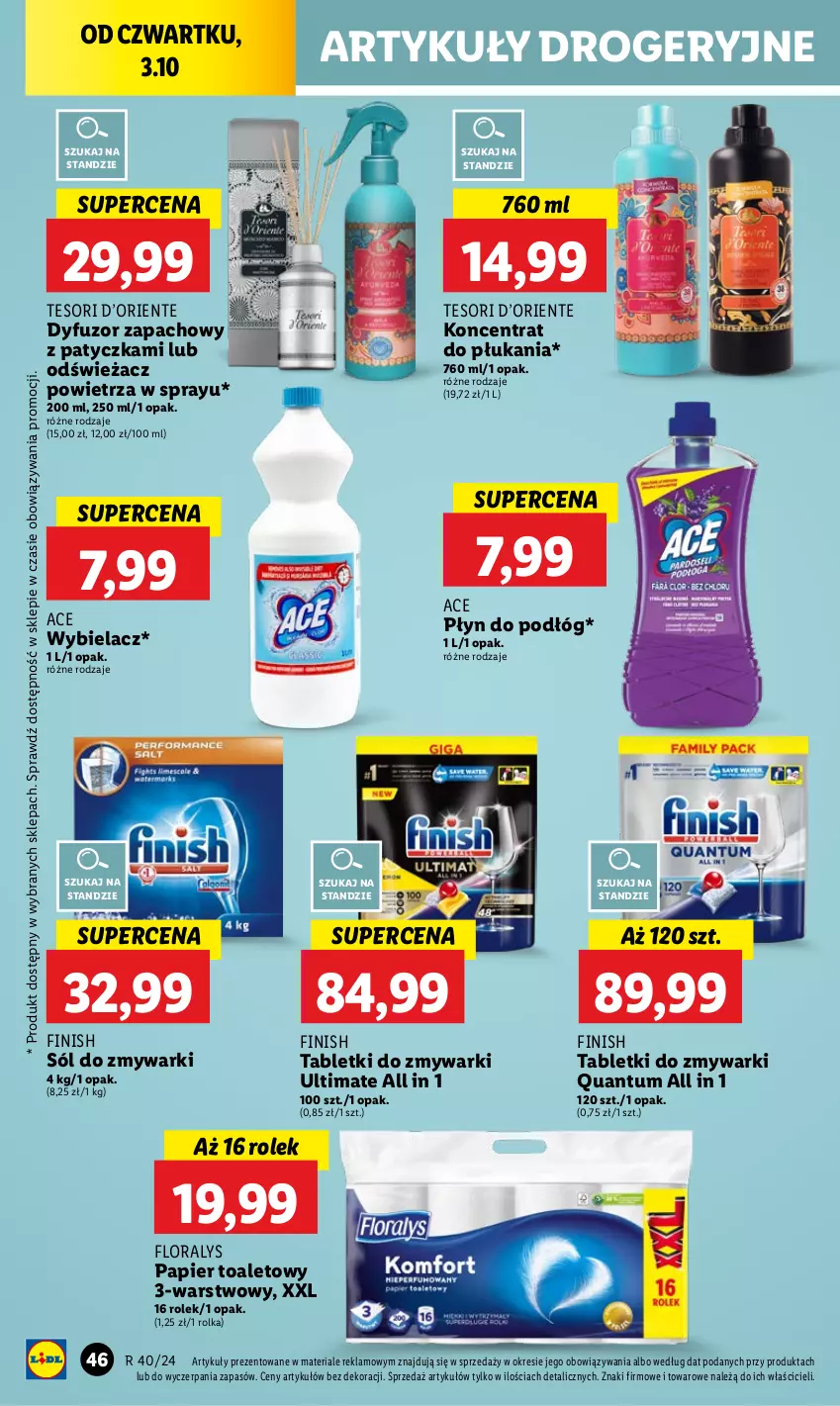 Gazetka promocyjna Lidl - GAZETKA - ważna 03.10 do 05.10.2024 - strona 52 - produkty: Dyfuzor zapachowy, Finish, Flora, Odświeżacz powietrza, Papier, Papier toaletowy, Sól, Tablet, Tabletki do zmywarki, Zmywarki