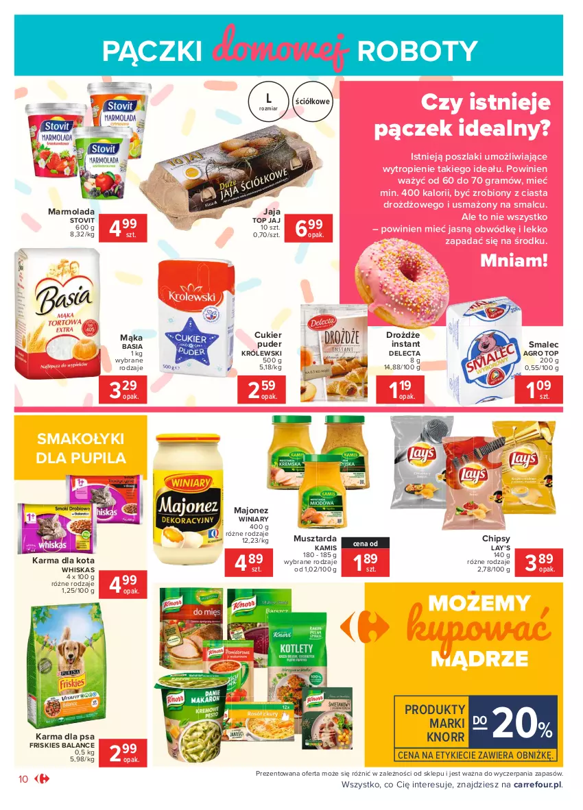 Gazetka promocyjna Carrefour - Gazetka Market - ważna 01.02 do 13.02.2021 - strona 10 - produkty: Basia, Chipsy, Cukier, Cukier puder, Delecta, Drożdże, Friskies, Gra, Jaja, Kamis, Knorr, Królewski, Lay’s, Majonez, Mąka, Marmolada, Mola, Mus, Musztarda, Pączek, Puder, Robot, Smalec, Top, Whiskas, Winiary