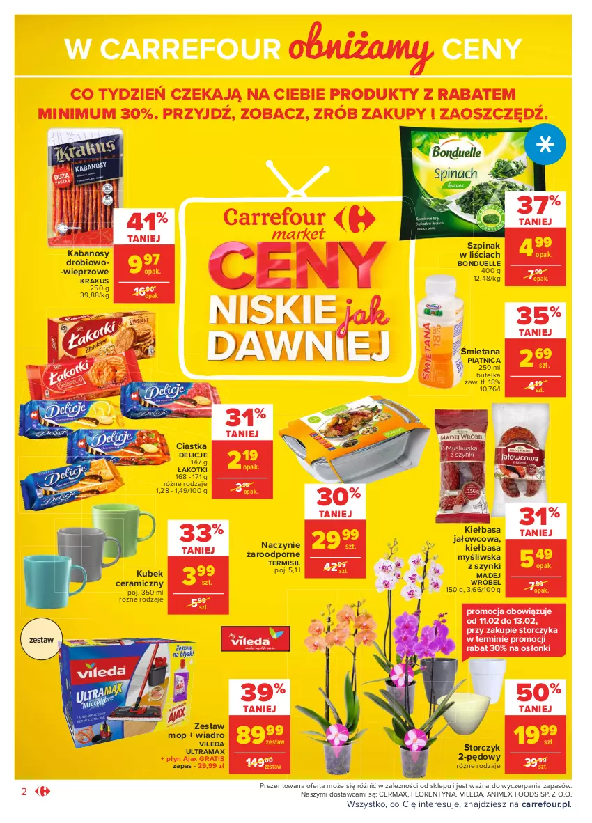 Gazetka promocyjna Carrefour - Gazetka Market - ważna 01.02 do 13.02.2021 - strona 2 - produkty: Ajax, Bonduelle, Ciastka, Delicje, Gra, Kabanos, Kiełbasa, Krakus, Kubek, Madej Wróbel, Mop, Naczynie żaroodporne, Piątnica, Por, Rama, Storczyk, Szpinak, Vileda, Wiadro