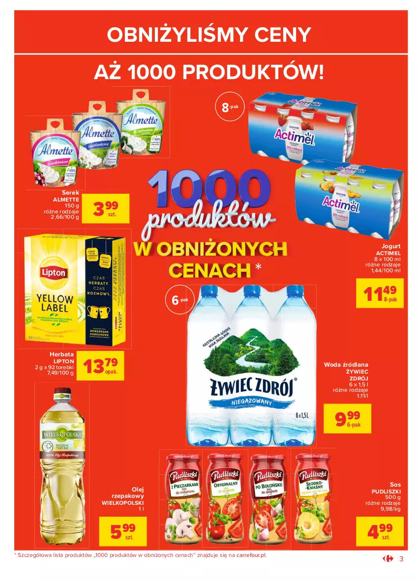 Gazetka promocyjna Carrefour - Gazetka Market - ważna 01.02 do 13.02.2021 - strona 3 - produkty: Actimel, Almette, Herbata, Jogurt, LANA, Lipton, Olej, Olej rzepakowy, Pudliszki, Ser, Serek, Sos, Woda