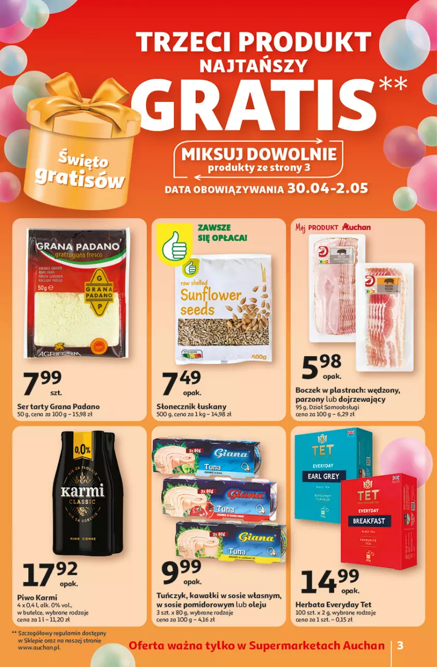 Gazetka promocyjna Auchan - Te URODZINY są NAJ Supermarket - ważna 30.04 do 07.05.2025 - strona 3 - produkty: Boczek, Fresco, Gra, Herbata, Karmi, Kawa, LG, Olej, Piwo, Ser, Sos, Tuńczyk
