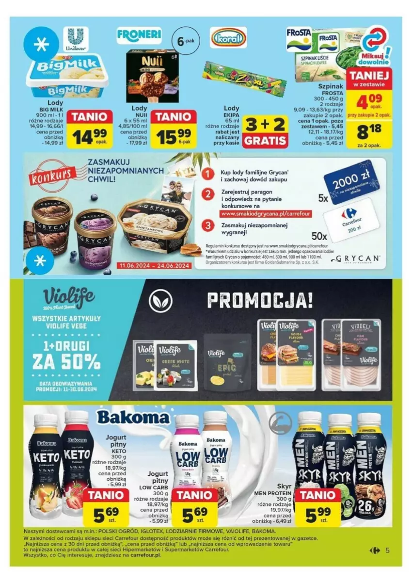 Gazetka promocyjna Carrefour - ważna 11.06 do 15.06.2024 - strona 39 - produkty: Bakoma, Big Milk, Fa, Frosta, Gra, Gry, Jogurt, Jogurt pitny, Lody, Ogród, Szpinak