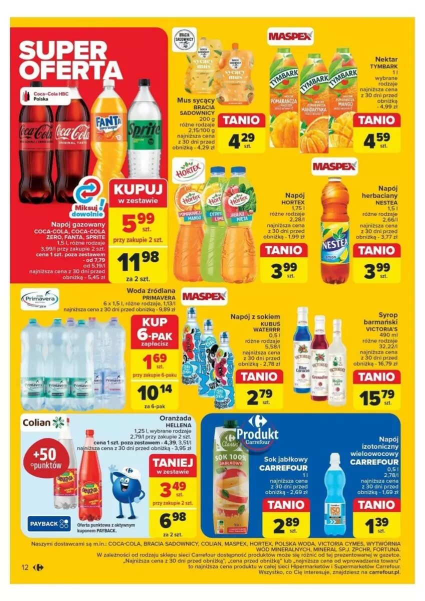 Gazetka promocyjna Carrefour - ważna 11.06 do 15.06.2024 - strona 8 - produkty: Coca-Cola, Fa, Fortuna, Hellena, Hortex, Kubuś, LANA, Mus, Napój, Nektar, Nestea, Oranżada, Prima, Primavera, Sok, Syrop, Tymbark, Woda