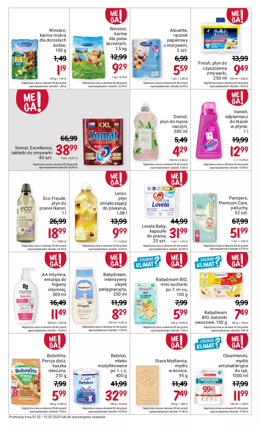 Gazetka promocyjna Rossmann - 1 lutego - ważna 01.02 do 15.02.2023 - strona 4 - produkty: Alouette, Babydream, Baton, BEBILON, BoboVita, Do mycia naczyń, Domol, Emulsja, Finish, Kapsułki do prania, Lenor, Lovela, Mleko, Mleko modyfikowane, Mydło, Odplamiacz, Olej, Pampers, Papier, Pieluchy, Płyn do mycia, Płyn do mycia naczyń, Płyn do prania, Por, Ręcznik, Somat, Tablet, Tabletki do zmywarki, Tonik, Vanish, Winston, Zmywarki