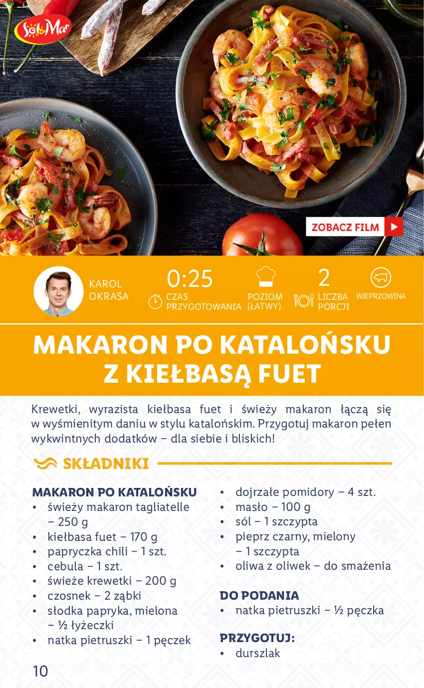 Gazetka promocyjna Lidl - KATALOG SOL&MAR - ważna 28.02 do 05.03.2022 - strona 10 - produkty: Cebula, Czosnek, Durszlak, Kiełbasa, Krewetki, Makaron, Masło, Natka pietruszki, Oliwa z oliwek, Papryka, Pieprz, Pomidory, Por, Sól, Tagliatelle, Wieprzowina