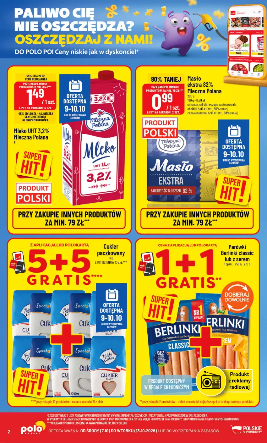 Gazetka promocyjna PoloMarket - Gazetka POLOmarket - ważna 07.10 do 13.10.2026 - strona 2 - produkty: Berlinki, Cukier, LANA, Masło, Mleko, Parówki, Ser