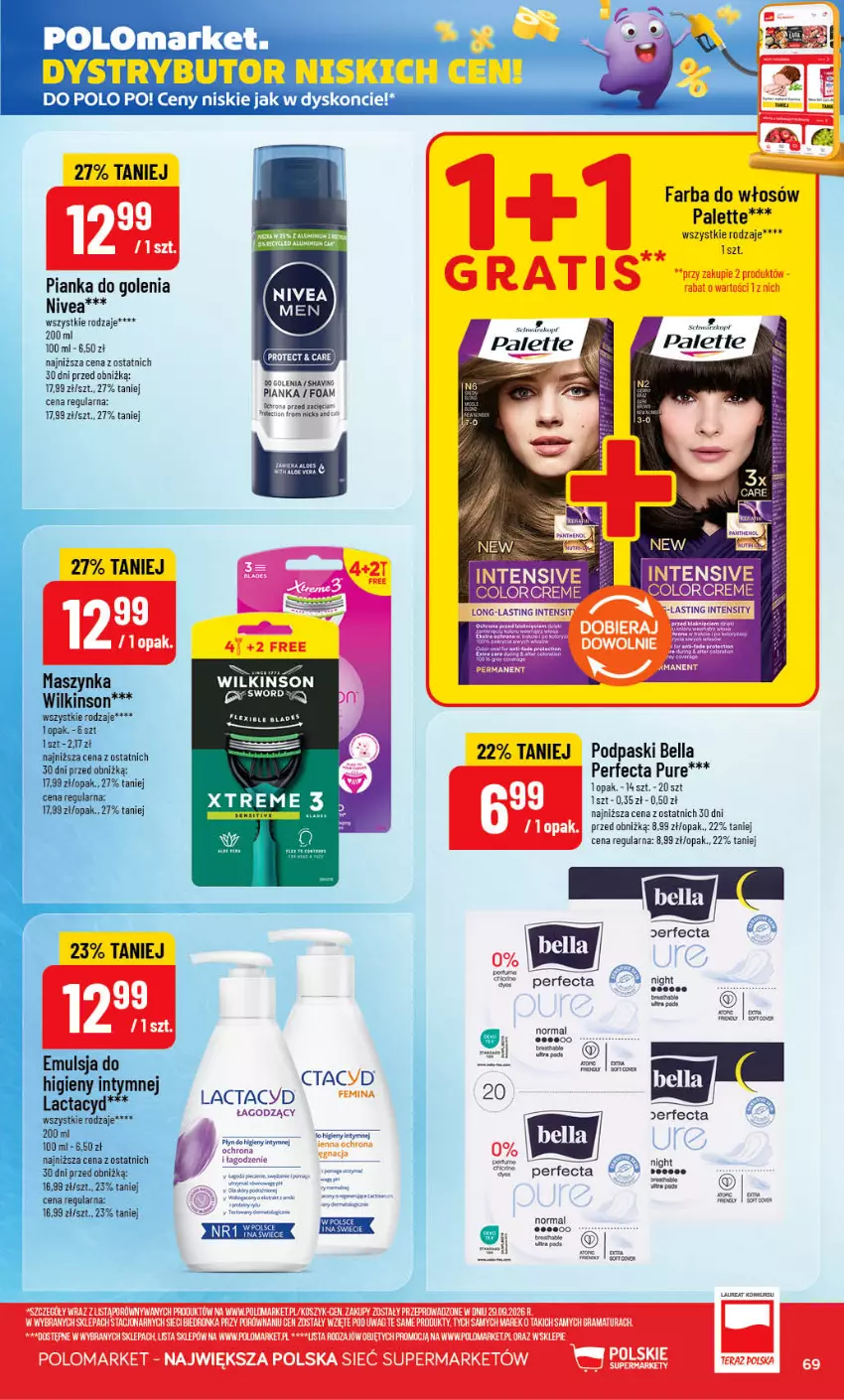 Gazetka promocyjna PoloMarket - Gazetka POLOmarket - ważna 07.10 do 13.10.2026 - strona 69 - produkty: Bell, Bella, Fa, Farba do włosów, Lactacyd, Laur, Nivea, Palette, Perfecta, Pianka do golenia, Podpaski, Por, Pur