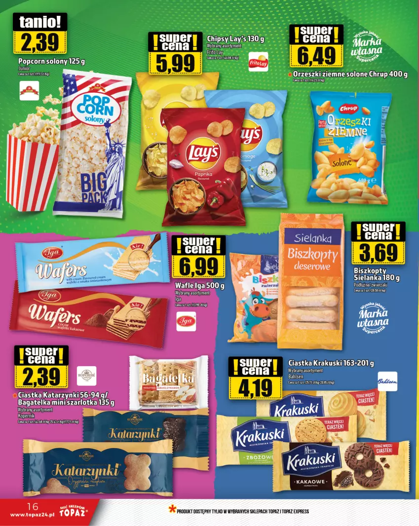 Gazetka promocyjna Topaz - Gazetka - ważna 25.01 do 31.01.2024 - strona 16 - produkty: Biszkopty, Chipsy, Ciastka, Krakus, Krakuski, Orzeszki, Popcorn, Top