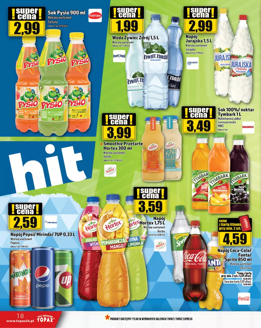 Gazetka promocyjna Topaz - Gazetka - ważna 25.01 do 31.01.2024 - strona 18 - produkty: 7up, Coca-Cola, Fa, Fanta, Hortex, Limonka, Mirinda, Napój, Nektar, Pepsi, Por, Smoothie, Sok, Sos, Sprite, Top, Tymbark