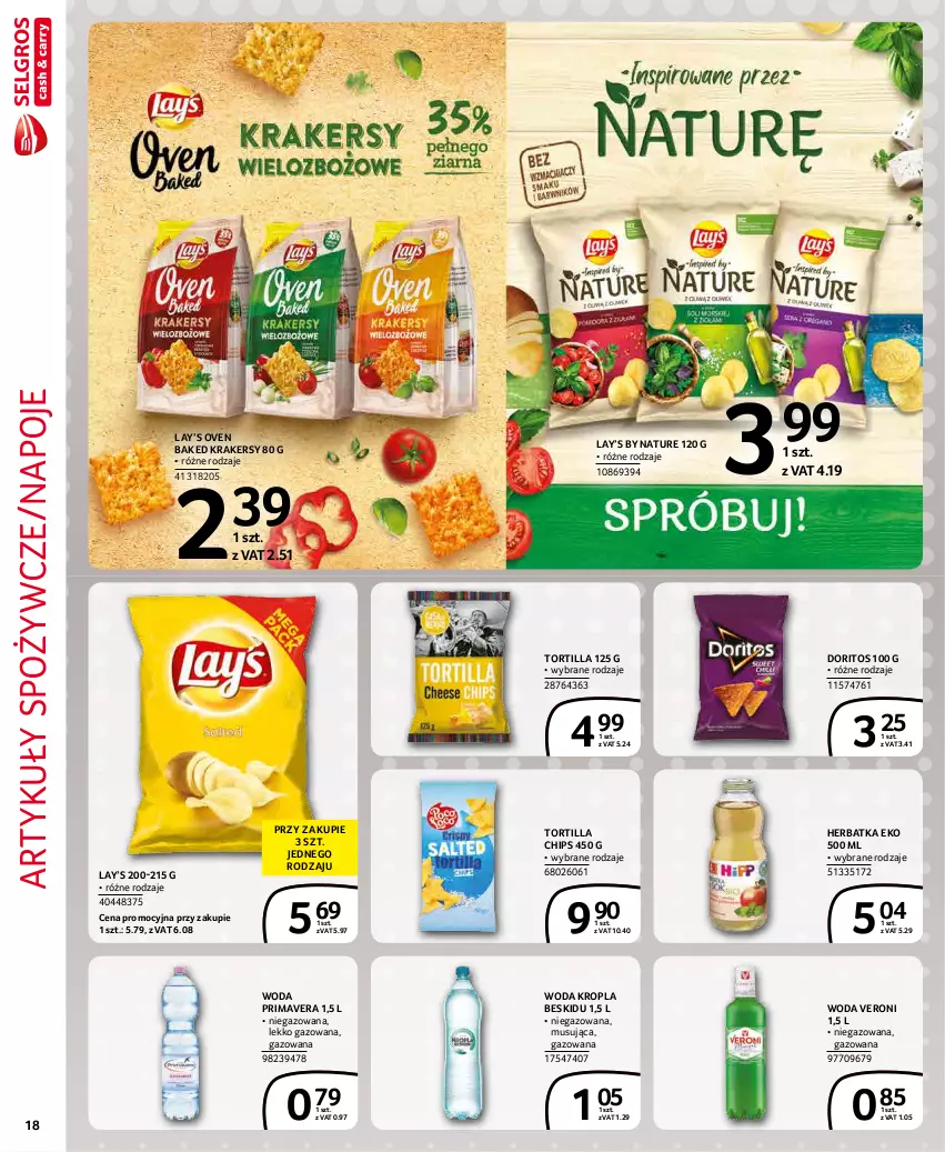 Gazetka promocyjna Selgros - Extra Oferta - ważna 01.12 do 31.12.2021 - strona 18 - produkty: Artykuły spożywcze, Krakersy, Lay’s, Mus, Napoje, Prima, Primavera, Tortilla, Tortilla Chips, Woda