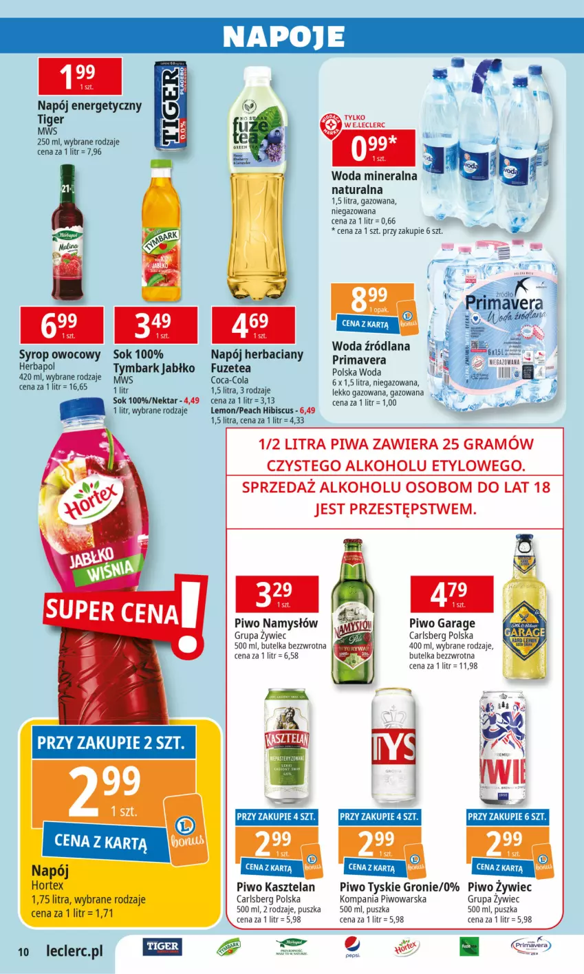 Gazetka promocyjna E Leclerc - ważna 06.08 do 17.08.2024 - strona 10 - produkty: Carlsberg, Coca-Cola, Gra, Herbapol, Kasztelan, LANA, Namysłów, Napój, Napój energetyczny, Nektar, Piwa, Piwo, Prima, Sok, Syrop, Tiger, Tymbark, Tyskie, Woda, Woda mineralna