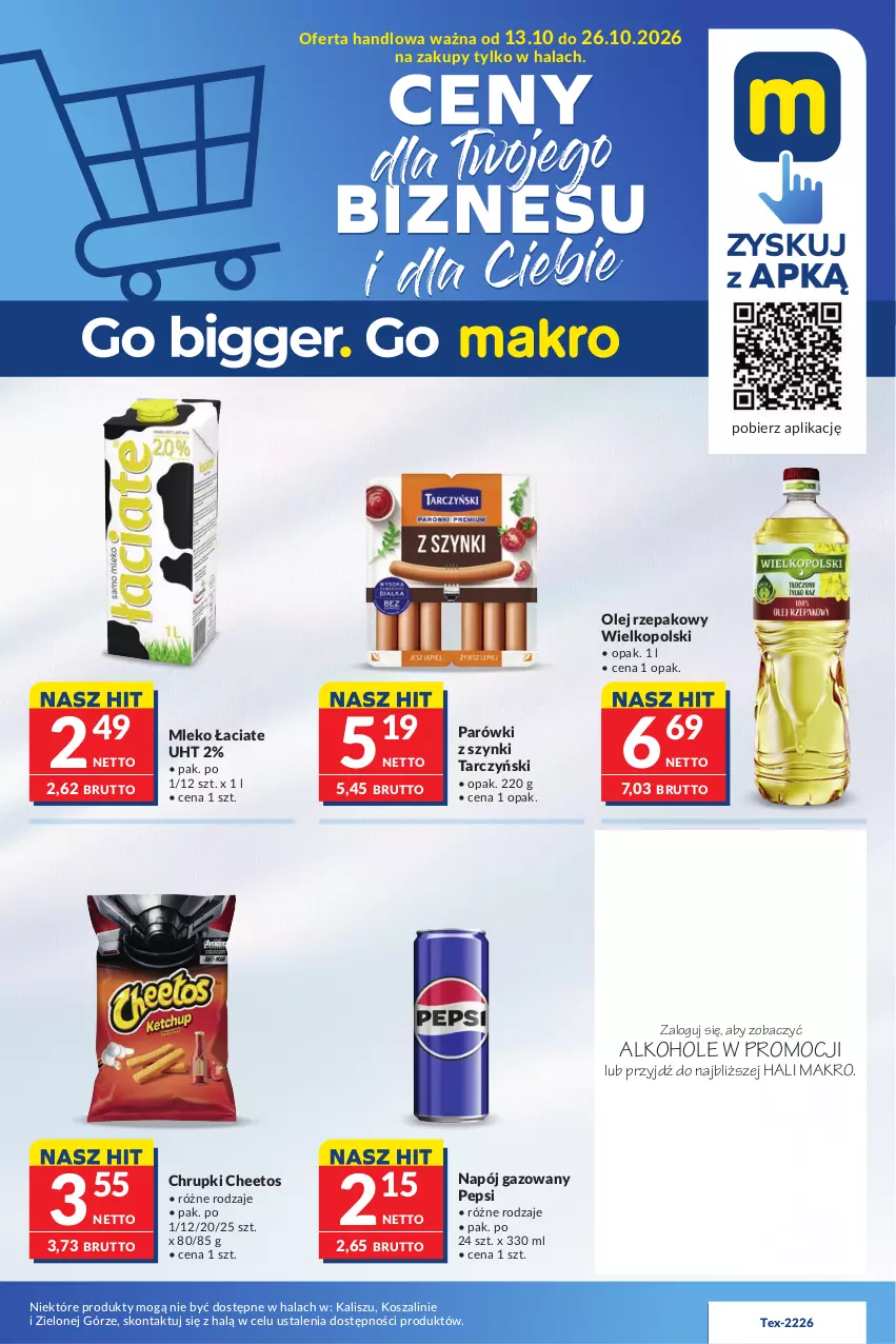 Gazetka promocyjna Makro - Mega oferty dla Twojego Sklepu - ważna 13.10 do 26.10.2026 - strona 1 - produkty: Alkohole, Cheetos, Chrupki, Gra, JBL, Kosz, Mleko, Napój, Napój gazowany, Olej, Olej rzepakowy, Parówki, Parówki z szynki, Pepsi, Piwo, Szal, Tarczyński