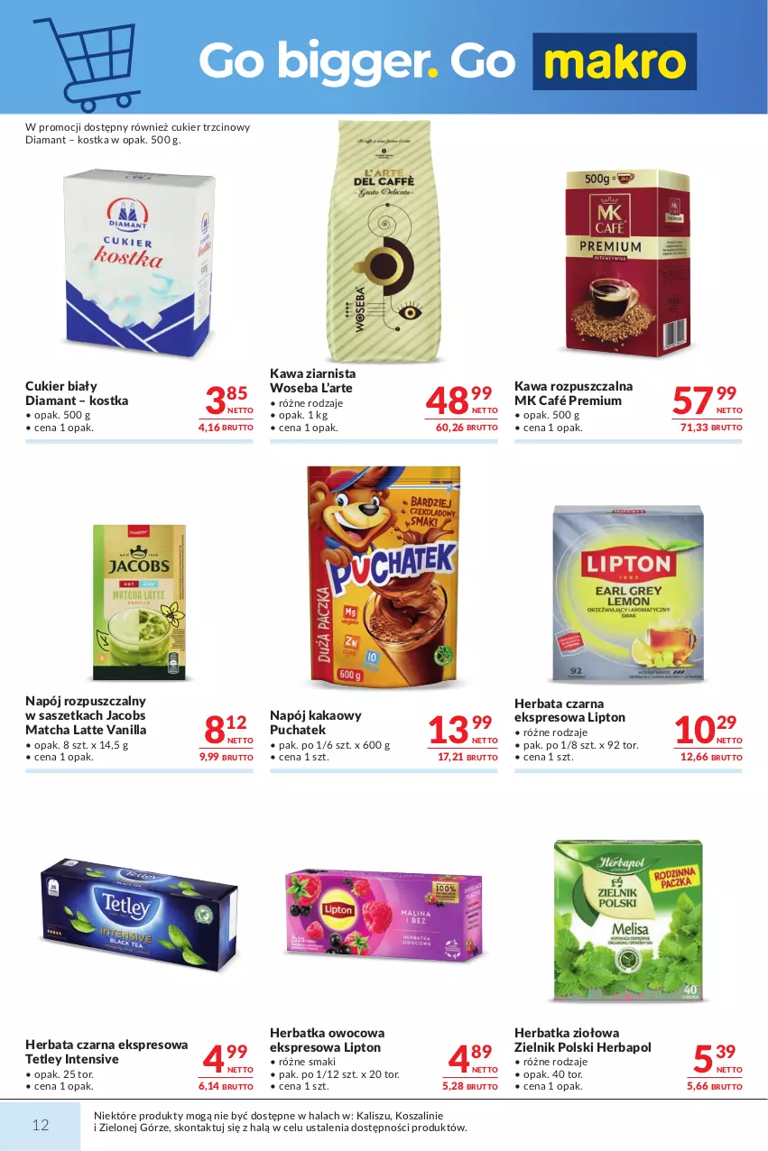 Gazetka promocyjna Makro - Mega oferty dla Twojego Sklepu - ważna 13.10 do 26.10.2026 - strona 12 - produkty: Cukier, Cukier trzcinowy, Diamant, Herbapol, Herbata, Herbata czarna, Jacobs, Kakao, Kawa, Kawa rozpuszczalna, Kawa ziarnista, Kosz, Lipton, Napój, Szal, Tetley, Woseba