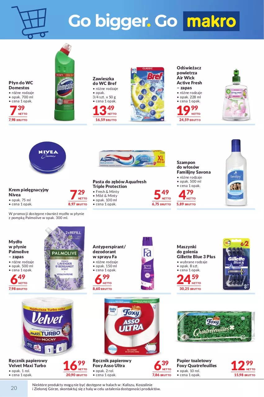 Gazetka promocyjna Makro - Mega oferty dla Twojego Sklepu - ważna 13.10 do 26.10.2026 - strona 20 - produkty: Air Wick, Antyperspirant, Aquafresh, Bref, Dezodorant, Domestos, Fa, Foxy, Gillette, Kosz, Mydło, Mydło w płynie, Nivea, Odświeżacz powietrza, Palmolive, Papier, Papier toaletowy, Pasta do zębów, Płyn do wc, Ręcznik, Szal, Szampon, Velvet, Zawieszka do wc