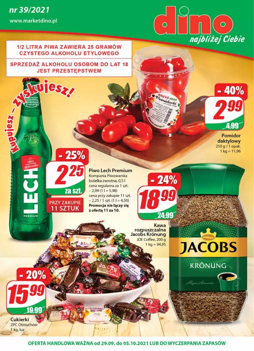 Gazetka promocyjna Dino - Gazetka - ważna 29.09 do 05.10.2021 - strona 1 - produkty: Cukier, Cukierki, Jacobs, JBL, Kawa, Kawa rozpuszczalna, Lech Premium, Piwo