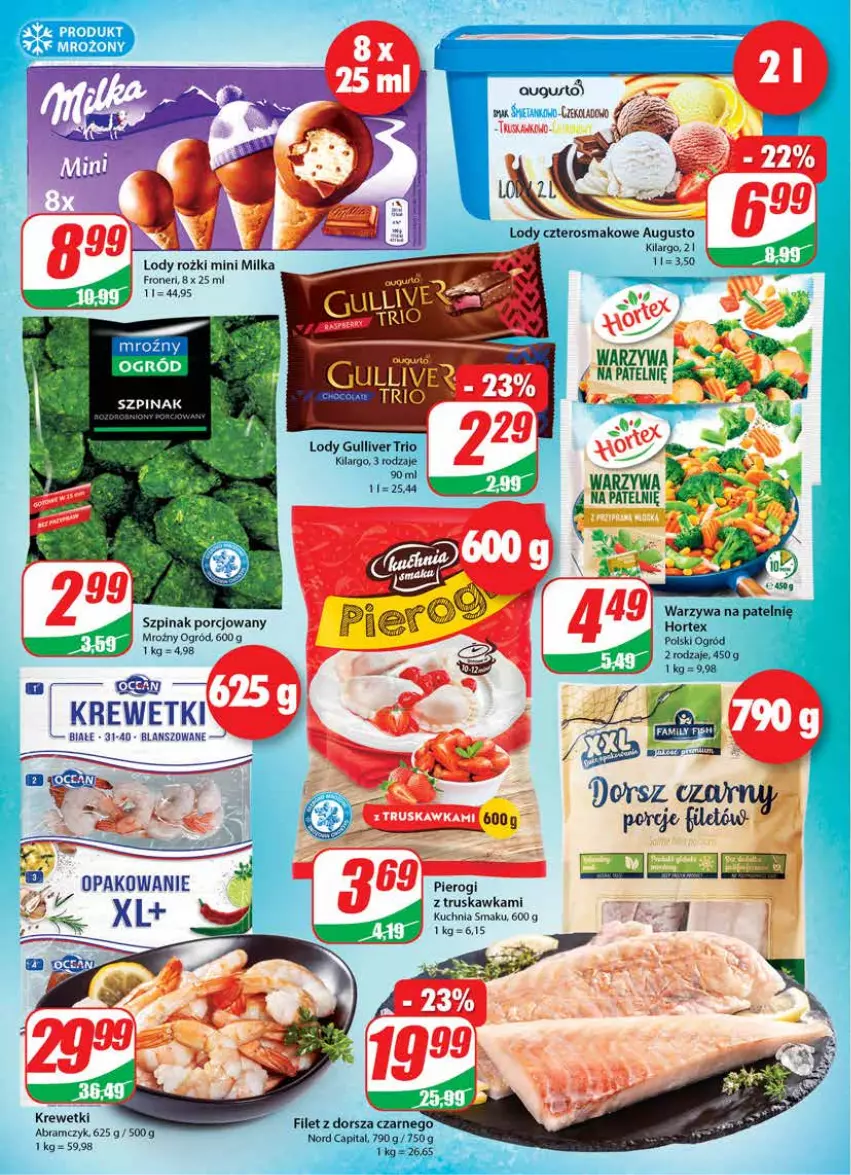 Gazetka promocyjna Dino - Gazetka - ważna 29.09 do 05.10.2021 - strona 10 - produkty: Dorsz, Hortex, Krewetki, Kuchnia, Lody, Milka, Ogród, Pierogi, Por, Szpinak, Warzywa