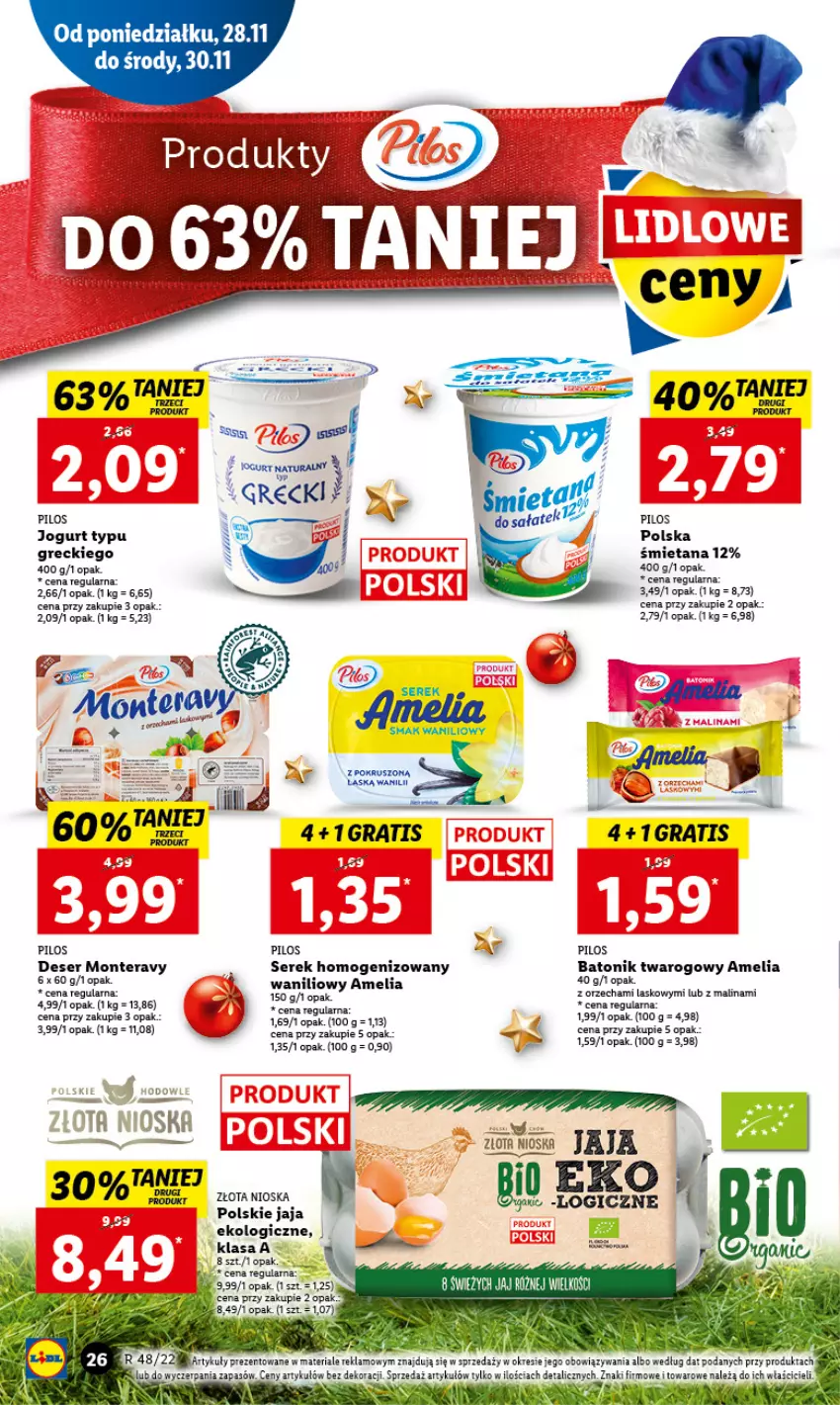 Gazetka promocyjna Lidl - GAZETKA - ważna 28.11 do 30.11.2022 - strona 28 - produkty: Baton, Batonik twarogowy, Deser, Gra, Jaja, Jogurt, Monte, Pilos, Sałat, Ser, Serek, Serek homogenizowany, Tera, Tonik