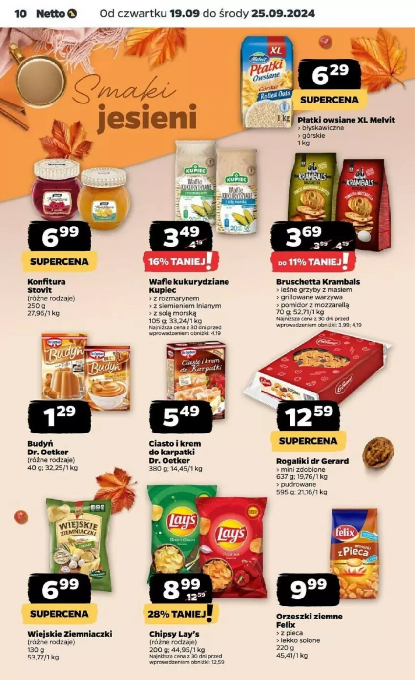 Gazetka promocyjna Netto - ważna 19.09 do 25.09.2024 - strona 2 - produkty: Budyń, Chipsy, Dr Gerard, Dr. Oetker, Felix, Grill, Grzyby, Karp, Konfitura, Krem do karpatki, Kupiec, Melvit, Orzeszki, Orzeszki ziemne, Piec, Płatki owsiane, Rogal, Wafle, Warzywa