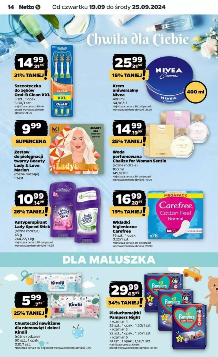 Gazetka promocyjna Netto - ważna 19.09 do 25.09.2024 - strona 6 - produkty: Antyperspirant, Carefree, Chusteczki, Dzieci, Kindii, Krem uniwersalny, Majtki, Nivea, Obraz, Pampers, Perfum, Pieluchomajtki, Szczoteczka, Szczoteczka do zębów, Wkładki