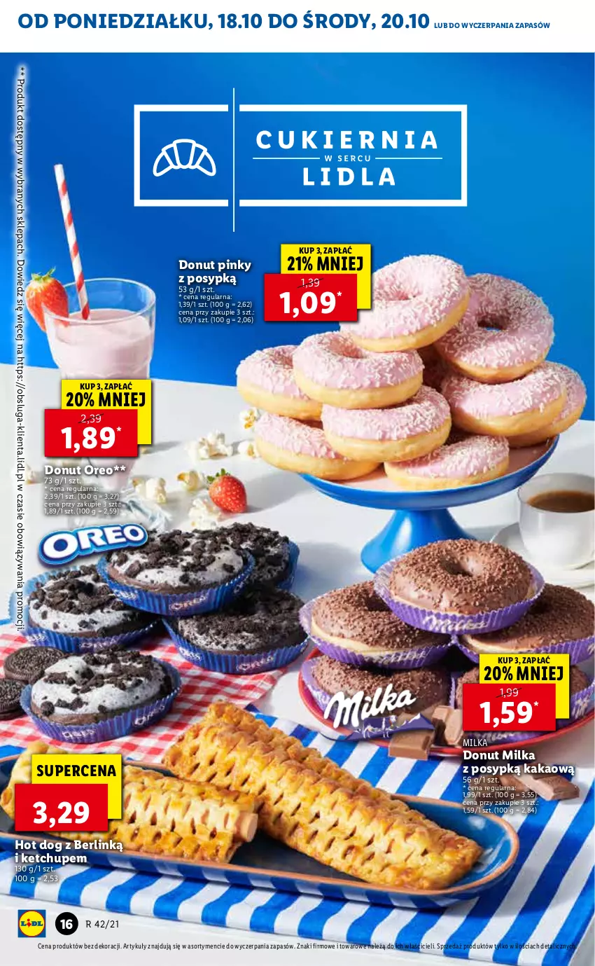 Gazetka promocyjna Lidl - GAZETKA - ważna 18.10 do 20.10.2021 - strona 16 - produkty: Donut, Hot dog, Kakao, Ketchup, Milka, Oreo