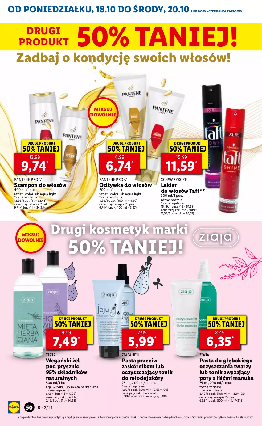 Gazetka promocyjna Lidl - GAZETKA - ważna 18.10 do 20.10.2021 - strona 50 - produkty: Lakier, Lakier do włosów, Mięta, Odżywka, Pantene, Por, Schwarzkopf, Szampon, Taft, Tonik, Ziaja