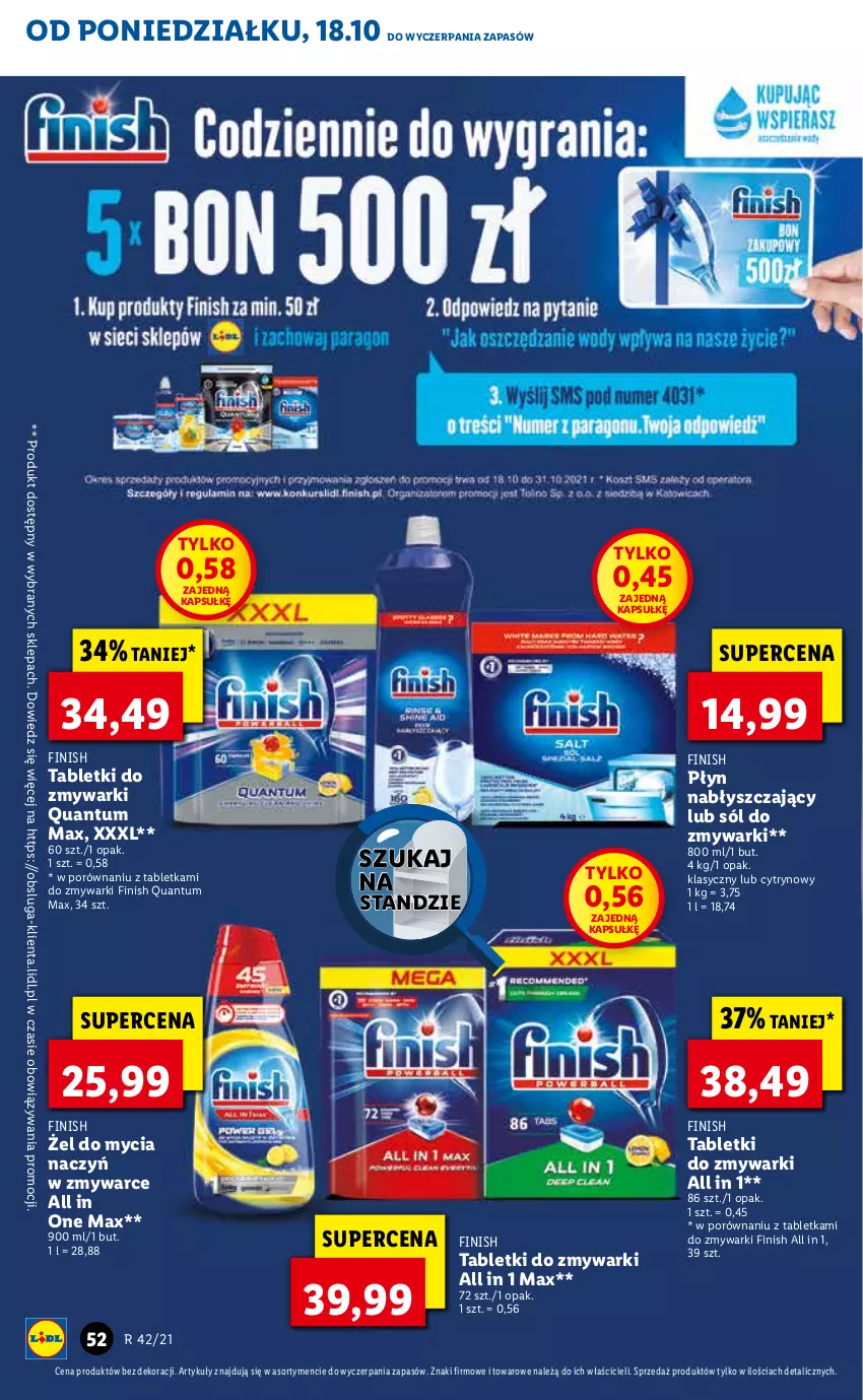 Gazetka promocyjna Lidl - GAZETKA - ważna 18.10 do 20.10.2021 - strona 52 - produkty: Do mycia naczyń, Finish, Płyn nabłyszczający, Por, Sól, Tablet, Tabletki do zmywarki, Zmywarki