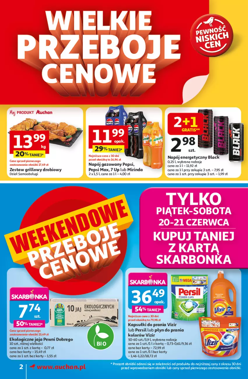Gazetka promocyjna Auchan - JAK PRAGNĘ LATA Supermarket - ważna 20.06 do 25.06.2025 - strona 2 - produkty: Grill, Jaja, Kapsułki do prania, Lack, Mirinda, Napój, Napój energetyczny, Napój gazowany, Pepsi, Pepsi max, Persil, Płyn do prania, Vizir