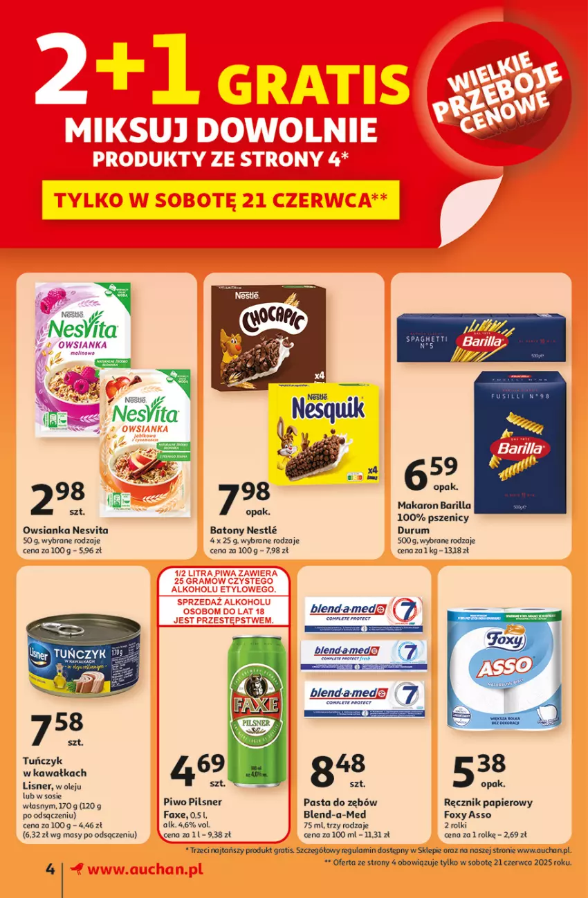 Gazetka promocyjna Auchan - JAK PRAGNĘ LATA Supermarket - ważna 20.06 do 25.06.2025 - strona 6 - produkty: Barilla, Baton, Blend-a-Med, Fa, Foxy, Gra, Kawa, Lisner, Makaron, Olej, Owsianka, Papier, Pasta do zębów, Piwo, Ręcznik, Rolki, Rum, Sos