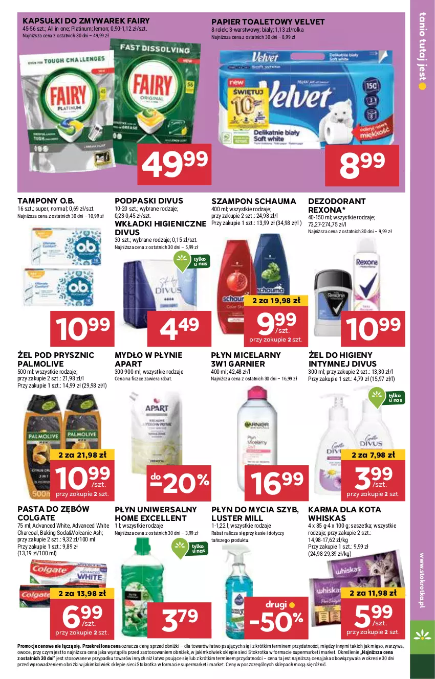 Gazetka promocyjna Stokrotka - Market - ważna 13.08 do 21.08.2024 - strona 21 - produkty: Colgate, Dezodorant, Fa, Fairy, Garnier, LG, Mięso, Mydło, Mydło w płynie, O.B., Owoce, Palmolive, Papier, Papier toaletowy, Pasta do zębów, Płyn do mycia, Płyn micelarny, Podpaski, Rexona, Schauma, Szampon, Tampony, Velvet, Warzywa, Whiskas, Wkładki