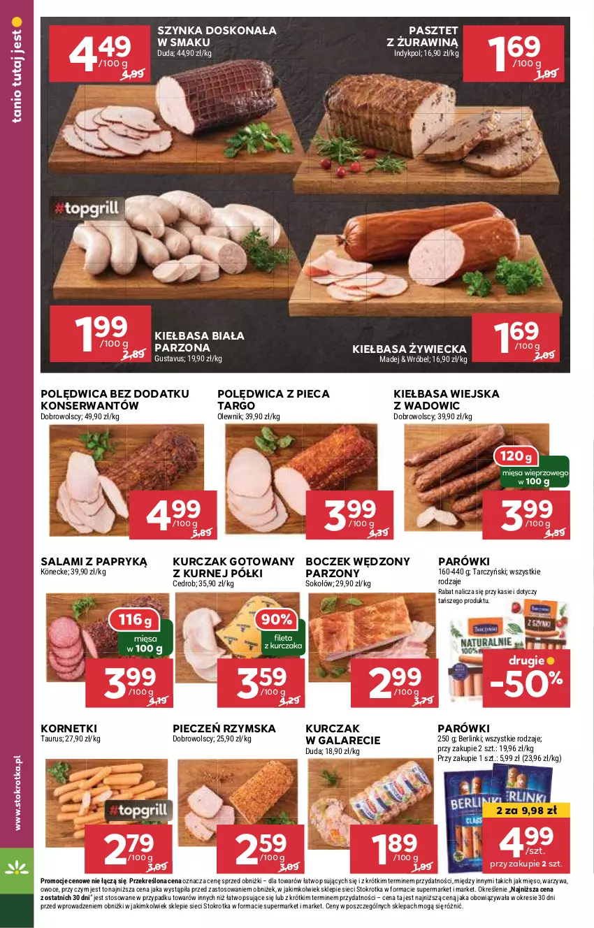 Gazetka promocyjna Stokrotka - Market - ważna 13.08 do 21.08.2024 - strona 6 - produkty: Berlinki, Boczek, Duda, Gala, Kiełbasa, Kiełbasa biała, Kiełbasa wiejska, Kurczak, Kurczak gotowany, Mięso, Olewnik, Owoce, Parówki, Pasztet, Piec, Pieczeń rzymska, Polędwica, Salami, Salami z papryką, Ser, Sok, Sokołów, Szynka, Tarczyński, Warzywa