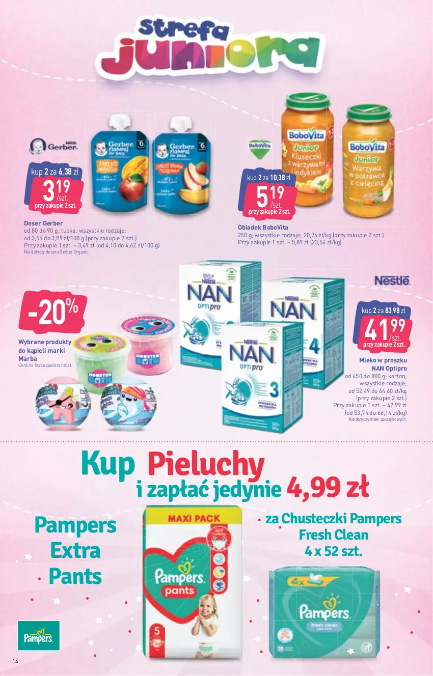 Gazetka promocyjna Stokrotka - Supermarket - ważna 10.11 do 16.11.2022 - strona 14 - produkty: BoboVita, Chusteczki, Deser, Gerber, Mleko, Mleko w proszku, NAN Optipro, Pampers, Pieluchy, Ser