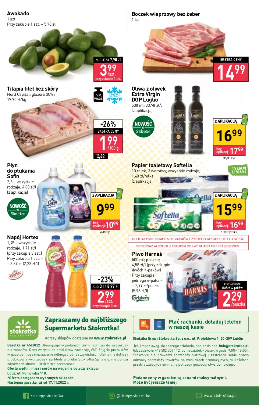 Gazetka promocyjna Stokrotka - Supermarket - ważna 10.11 do 16.11.2022 - strona 20 - produkty: Boczek, Boczek wieprzowy, Dres, Gin, Glazura, Gra, Harnaś, Hortex, JBL, Lazur, Napój, O nas, Oliwa, Oliwa z oliwek, Papier, Papier toaletowy, Piwa, Piwo, Płyn do płukania, Ser, Telefon, Tilapia, Wagi