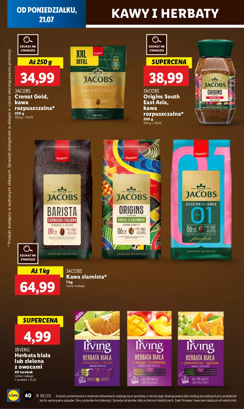 Gazetka promocyjna Lidl - GAZETKA - ważna 21.07 do 23.07.2025 - strona 50 - produkty: Gin, Herbata, Irving, Jacobs, Kawa, Kawa rozpuszczalna, Kawa ziarnista, Torebka