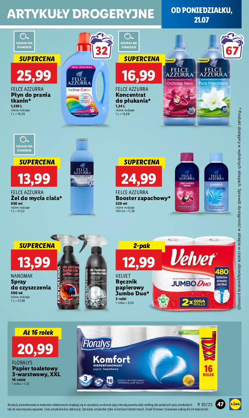 Gazetka promocyjna Lidl - GAZETKA - ważna 21.07 do 23.07.2025 - strona 57 - produkty: Booster, Flora, Nanomax, Papier, Papier toaletowy, Płyn do prania, Ręcznik, Rolki, Spray do czyszczenia, Velvet