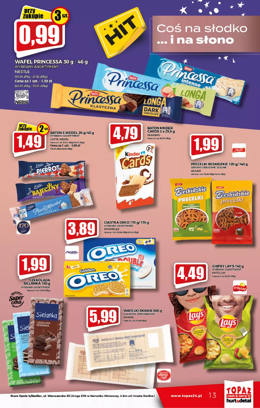 Gazetka promocyjna Topaz - Gazetka - ważna 19.08 do 25.08.2021 - strona 13 - produkty: Aksam, Baton, Beskidzki, Chipsy, Ciastka, Czekolada, Fa, Ferrero, Kakao, Kawa, Kinder, Oreo, Precelki, Princessa, Ser, Top