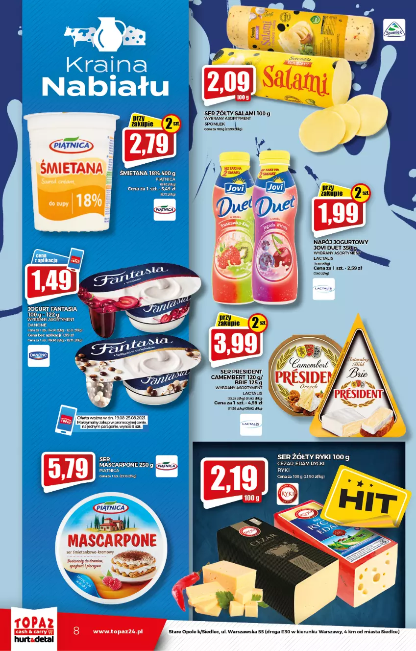 Gazetka promocyjna Topaz - Gazetka - ważna 19.08 do 25.08.2021 - strona 8 - produkty: Brie, Edam, Fa, Jogurt, Mascarpone, Napój, Napój jogurtowy, Piątnica, Salami, Ser, Top