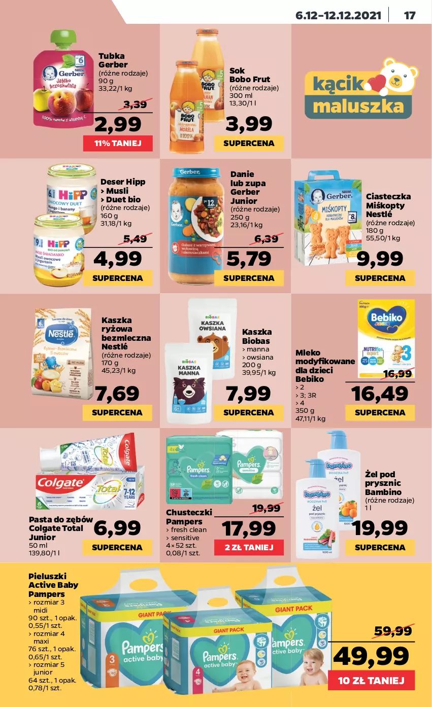 Gazetka promocyjna Netto - Gazetka spożywcza - ważna 06.12 do 12.12.2021 - strona 17 - produkty: Bebiko, Chusteczki, Colgate, Colgate Total, Deser, Dzieci, Gerber, HiPP, LG, Mleko, Mleko modyfikowane, Mus, Nestlé, Pampers, Pasta do zębów, Ryż, Ser, Sok, Zupa