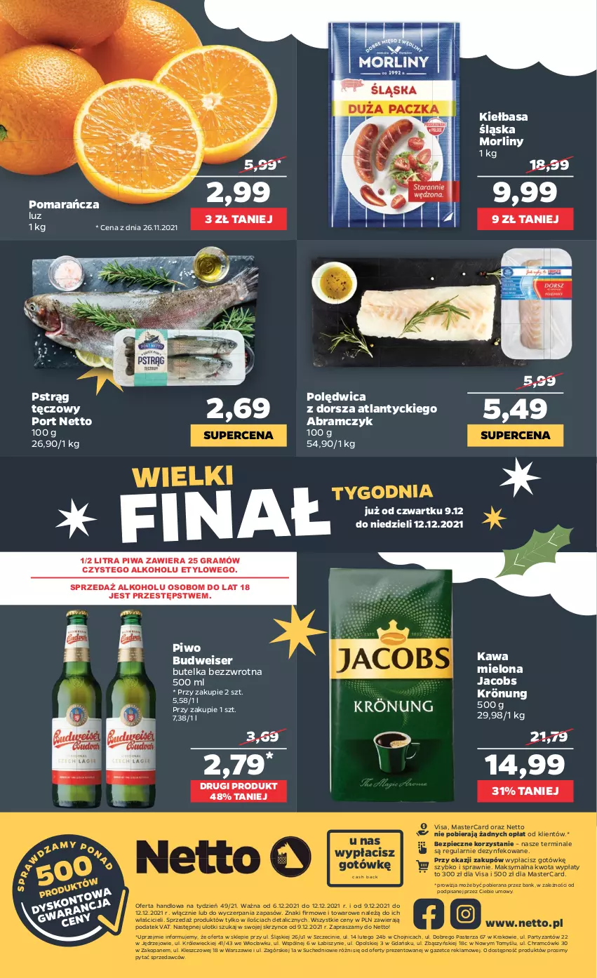 Gazetka promocyjna Netto - Gazetka spożywcza - ważna 06.12 do 12.12.2021 - strona 20 - produkty: Dorsz, Gra, Jacobs, Jacobs Krönung, Kawa, Kawa mielona, Kiełbasa, Kiełbasa śląska, Morliny, Piec, Piwa, Piwo, Polędwica, Por, Pstrąg, Pstrąg tęczowy, Ser