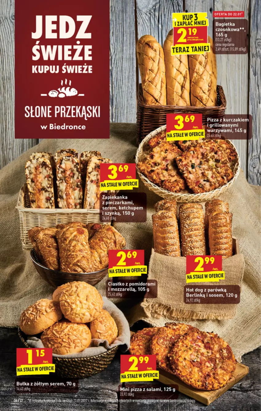 Gazetka promocyjna Biedronka - ważna 19.01 do 01.02.2022 - strona 26 - produkty: Bagietka, Bagietka czosnkowa, Hot dog, Kurczak, Piec, Pieczarka, Pizza, Salami, Sos, Warzywa, Zapiekanka