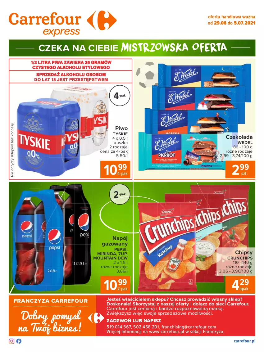 Gazetka promocyjna Carrefour - Gazetka Express - ważna 28.06 do 05.07.2021 - strona 2 - produkty: 7up, Chipsy, Crunchips, Czekolada, Gra, Mirinda, Napój, Napój gazowany, Pepsi, Piwa, Piwo, Tyskie