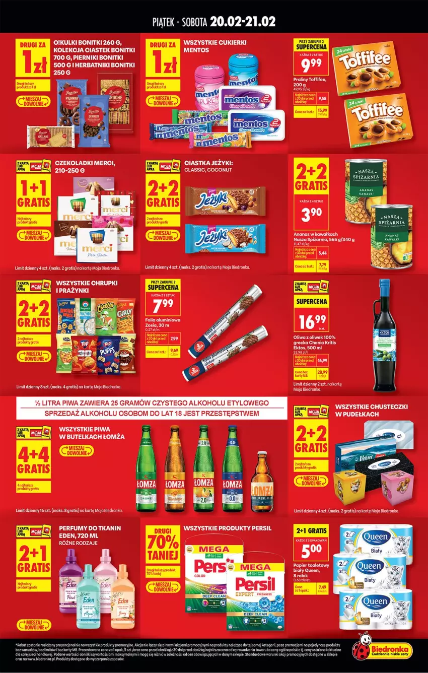 Gazetka promocyjna Biedronka - Tani Weekend - ważna 20.02 do 21.02.2026 - strona 2 - produkty: Bonitki, Chusteczki, Cukier, Cukierki, Fa, Gra, Herbatniki, Kawa, Mentos, Oliwa, Oliwa z oliwek, Papier, Papier toaletowy, Perfum, Piernik, Piwa, Stek