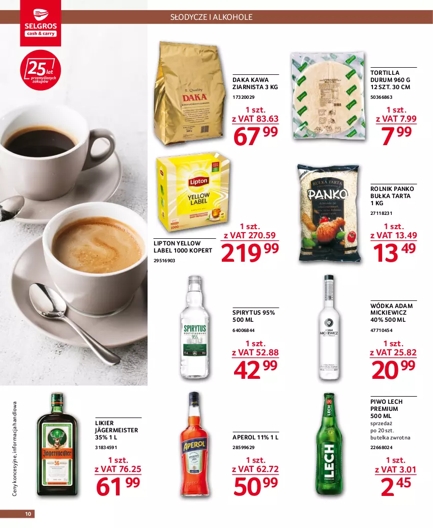 Gazetka promocyjna Selgros - Oferta gastronomiczna - ważna 25.08 do 07.09.2022 - strona 10 - produkty: Alkohole, Aperol, Bułka, Bułka tarta, Kawa, Kawa ziarnista, Lech Premium, Likier, Lipton, Piwo, Rolnik, Rum, Tarta, Tortilla, Wódka