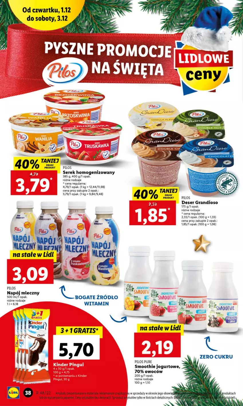 Gazetka promocyjna Lidl - GAZETKA - ważna 01.12 do 03.12.2022 - strona 38 - produkty: Deser, Gra, Jogurt, Napój, Napój mleczny, Pilos, Pur, Ser, Serek, Serek homogenizowany, Smoothie