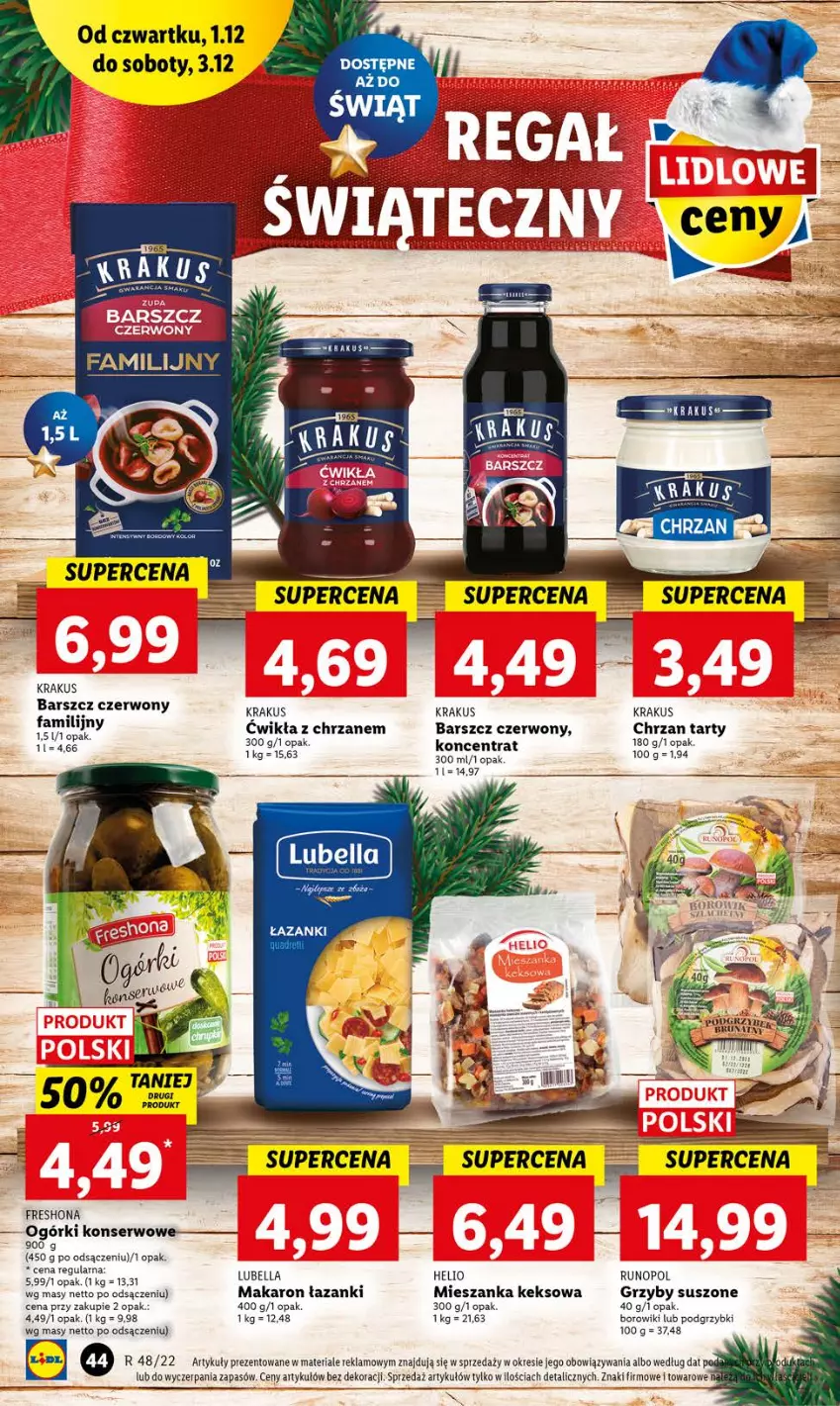 Gazetka promocyjna Lidl - GAZETKA - ważna 01.12 do 03.12.2022 - strona 44 - produkty: AEG, Bell, Bella, Borowiki, Chrzan, Grzyby, Helio, Krakus, Lubella, Makaron, Ogórki konserwowe, Podgrzybki, Ser