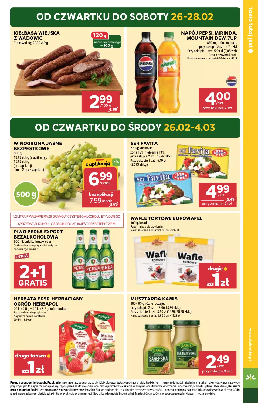 Gazetka promocyjna Stokrotka - Supermarket - ważna 26.02 do 04.03.2026 - strona 3 - produkty: 7up, Fa, Favita, Gra, Herbapol, Herbata, Kamis, Kiełbasa, Kiełbasa wiejska, Mięso, Mirinda, Mleko, Mlekovita, Mus, Musztarda, Napój, Ogród, Optima, Owoce, Pepsi, Perła, Piwa, Piwo, Por, Ser, Wafle, Wafle tortowe, Warzywa, Wino, Winogrona
