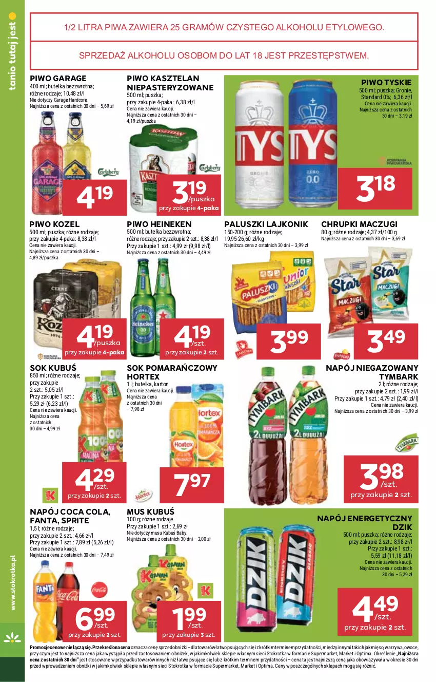 Gazetka promocyjna Stokrotka - Supermarket - ważna 26.02 do 04.03.2026 - strona 42 - produkty: Chrupki, Fa, Fanta, Gra, Heineken, Hortex, Kasztelan, Kozel, Kubuś, Lajkonik, Mięso, Mus, Napój, Napój energetyczny, Napój niegazowany, Optima, Owoce, Piwa, Piwo, Sok, Sok pomarańczowy, Sprite, Tymbark, Tyskie, Warzywa