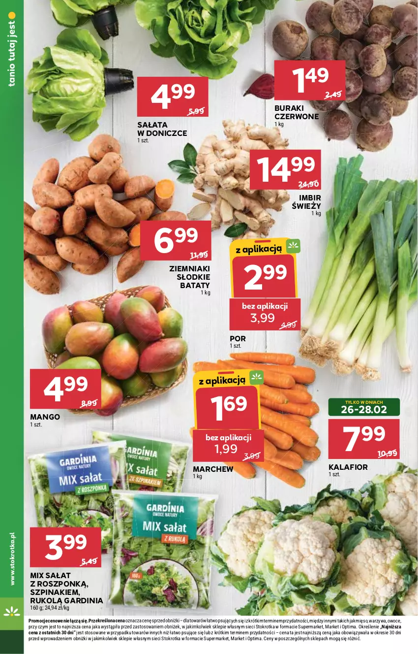 Gazetka promocyjna Stokrotka - Supermarket - ważna 26.02 do 04.03.2026 - strona 6 - produkty: Buraki, Imbir, Kalafior, Mango, Mięso, Optima, Owoce, Por, Sałat, Szpinak, Warzywa, Ziemniaki
