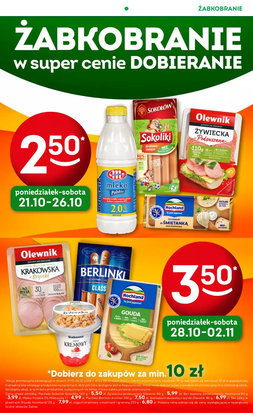 Gazetka promocyjna Żabka - ważna 23.10 do 05.11.2024 - strona 15 - produkty: Berlinki, Gouda, Gra, Hochland, Jogurt, Koc, Mleko, Mlekovita, Olewnik, Parówki, Parówki sokoliki, Ser, Ser topiony, Sok, Top, Tran