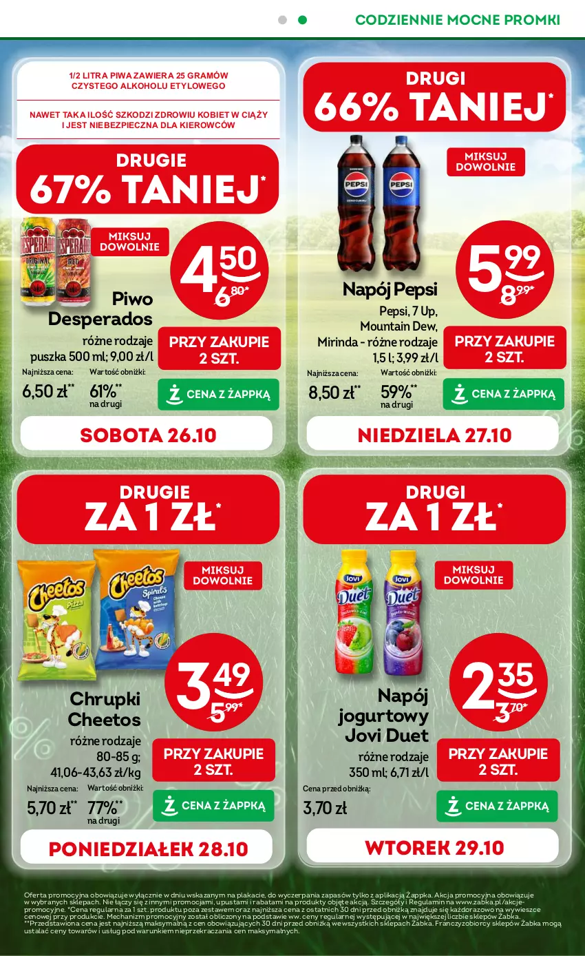 Gazetka promocyjna Żabka - ważna 23.10 do 05.11.2024 - strona 3 - produkty: Cheetos, Chrupki, Desperados, Gra, Jogurt, Mirinda, Napój, Napój jogurtowy, Pepsi, Piec, Piwa, Piwo, Sok, Taca